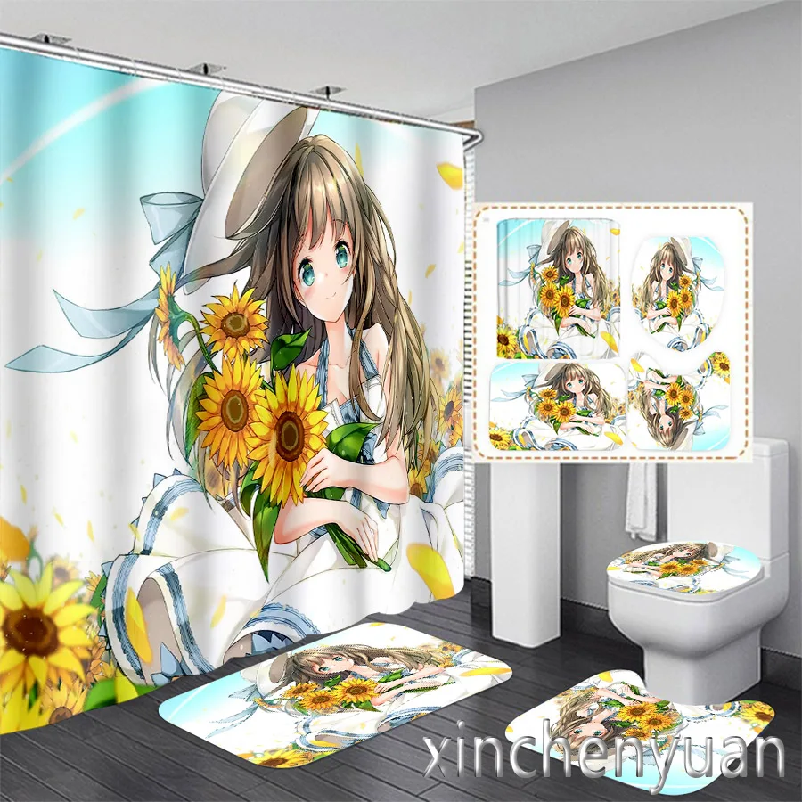 Занавеска для ванной комнаты Sunflower 3D Printing, водонепроницаемая, с крышкой для унитаза, антискользящий коврик для пола (1/3/4 шт.), размер W21.