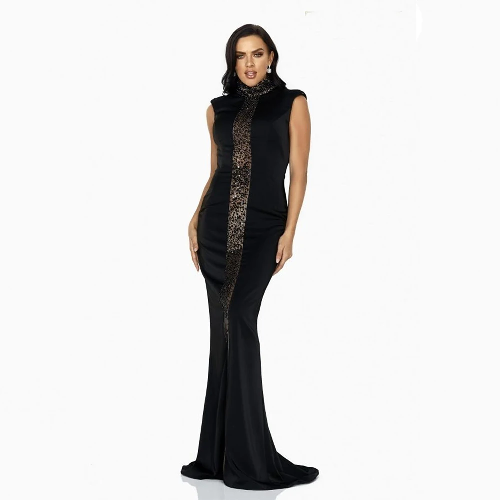 

High Neck Sleeveless Evening Dresses for Luxury Ladies Dinner Party Sheath Floor-Length Black Illusion Court Train 2021 Summer