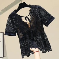 two piece v neck lace shirt womens summer short sleeved shirts sexy hollow out lace blouse womans loose blouses wiht tanks top