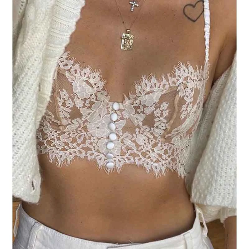 

2021 Summer Fashion Sexy Underwear Outer Wear Women's Suspenders Lace Cutout Button Decoration Black White Crop Top