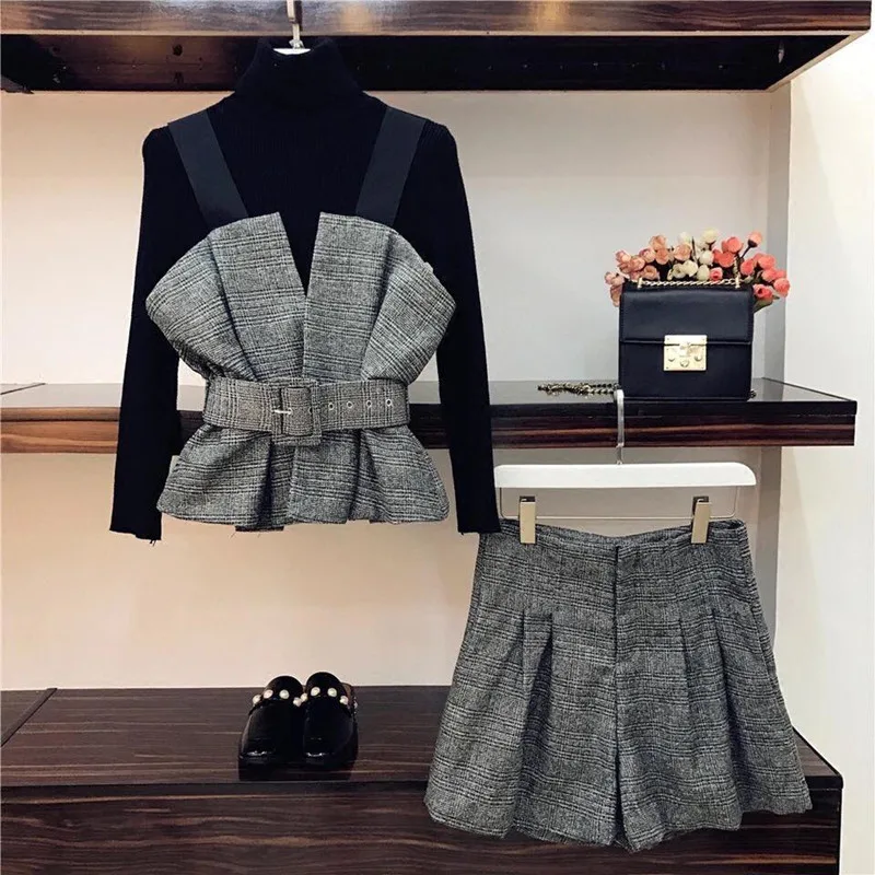 

JSXDHK Women O neck Long Sleeve Black Knitting Sweater + Gray Plaid Spaghetti Strap Tops and High Waist Wide leg Shorts 3PCS Set