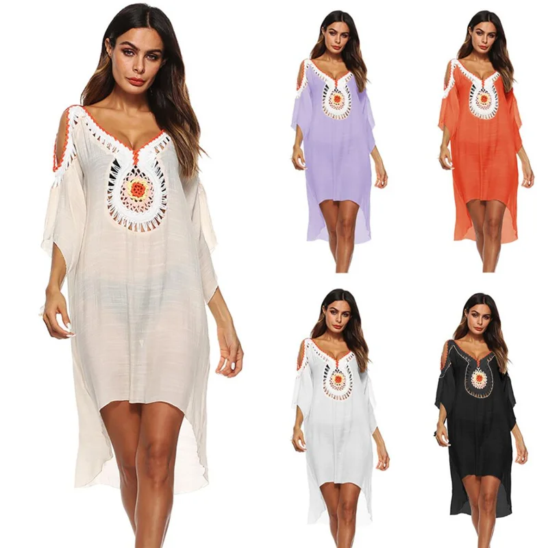 Женское летнее пляжное платье туника с глубоким V образным вырезом ажурное