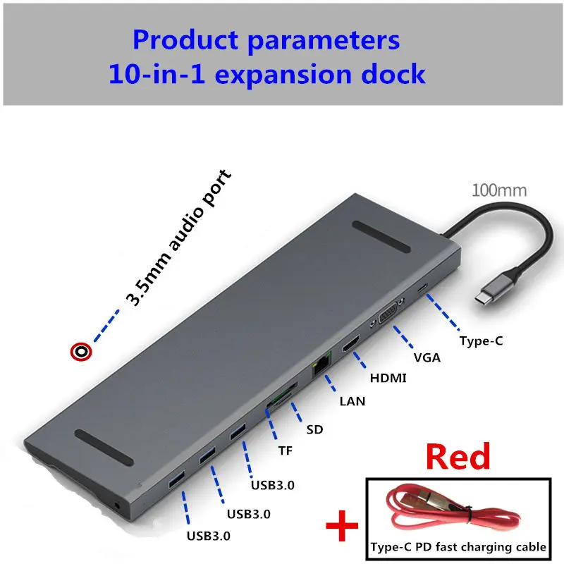 Концентратор-C USB3.0 концентратор Ethernet соединение тип-c PD для смартфона huawei Xiaomi MacBook Расширение Док-станция 4 к HDMI SD TF LAN - Цвет: Grey PDR line