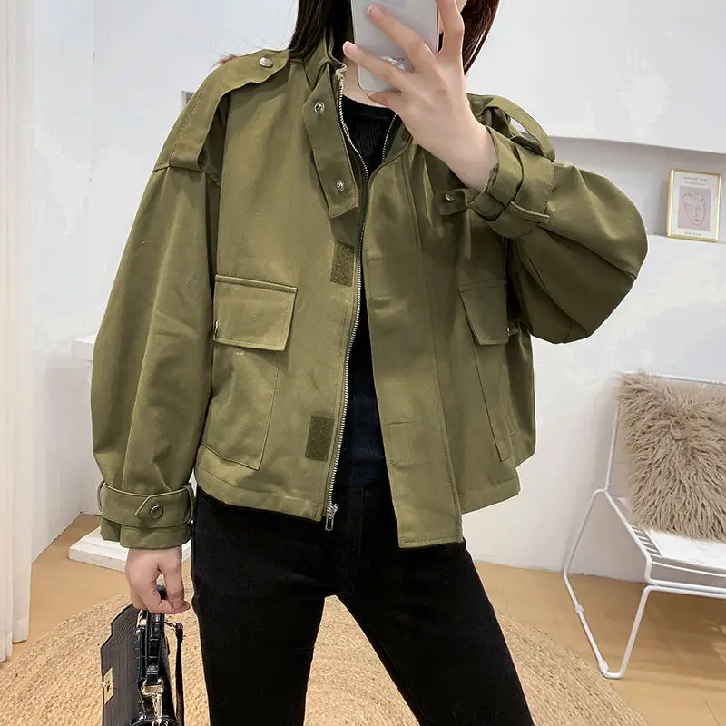 

2020 New Spring Autumn Cotton Womens Jacket Korean Version Solid Windbreaker Female Loose Long Sleeve Tooling Jackets C198