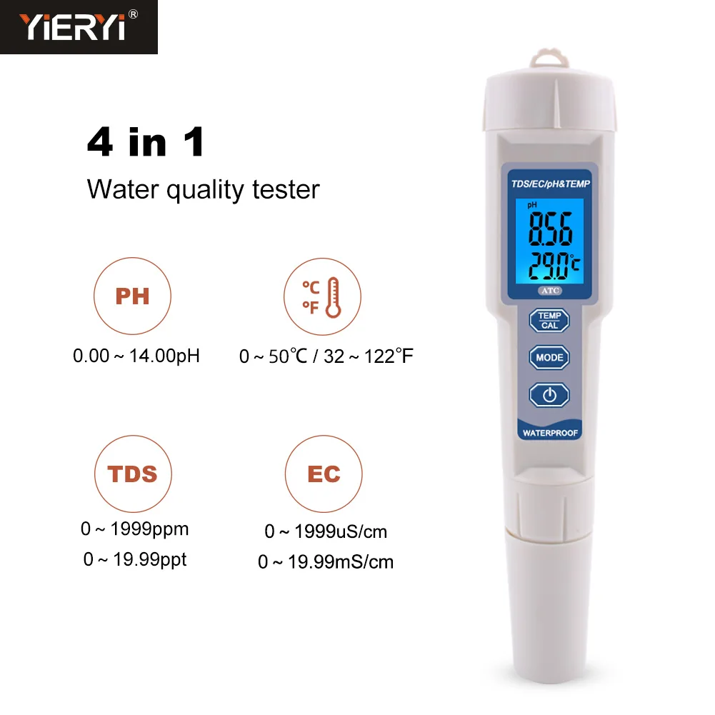 Yieryi 4 в 1 TDS PH метр/TDS/EC/измеритель температуры с ATC цифровой контроль качества воды тестер для бассейнов, питьевой воды