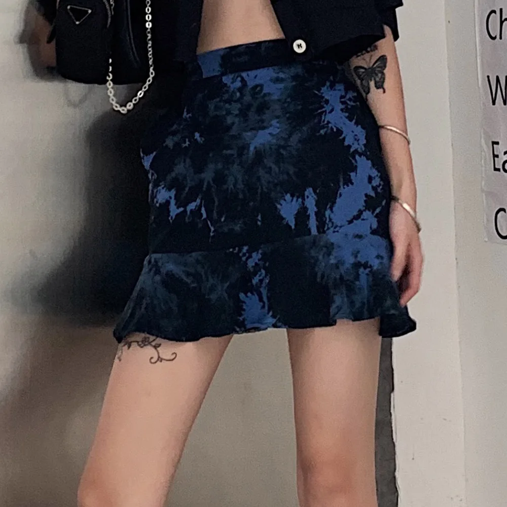 

Harajuku Gothic Blue Tie Dye Skirt Women Ruffles Design Cool Streetwear A Line High Waist Skirts Autumn 2021 Goth Halloween