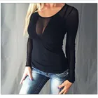 Женская Кружевная футболка с круглым вырезом, черная облегающая футболка с длинными рукавами и сеткой стрейч, лето 2019