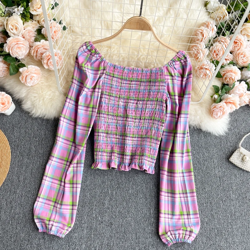 

Retro Plaids Pattern Popular V-neck All-match Women Blouse Spring Long Sleeve Trendy Checkers Shirt Top