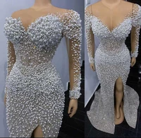 luxury mermaid arabci dubai wedding dresses 2022 beaded pearls heavily long sleeve slit bridal gown robe de mariee vestidos