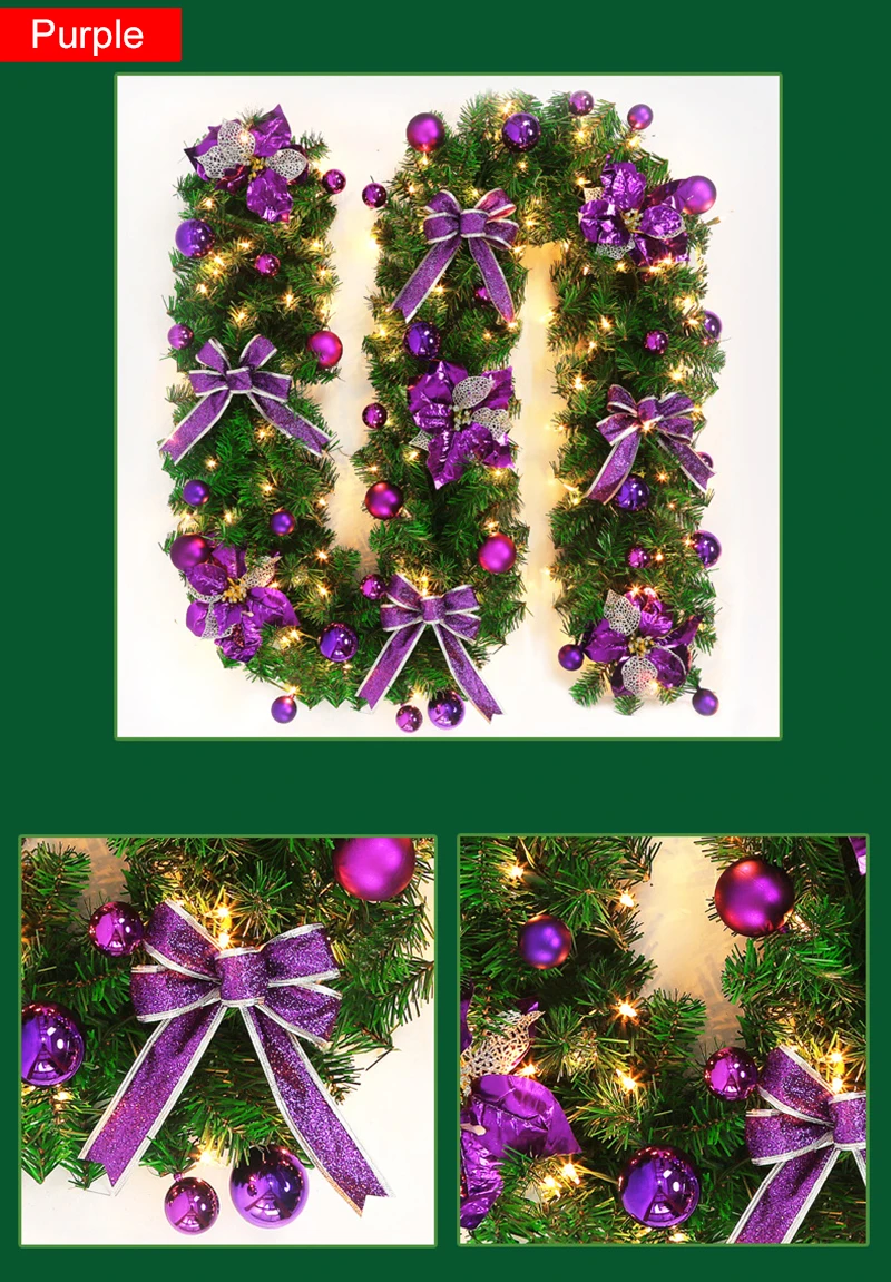 purple with bow 1 шт., Рождественская гирлянда, зеленое рождественское ротанговое украшение с бантами и огнями, рождественские украшения для дома, вечерние, новогодние принадлежности, 270 см - Цвет: purple with bow