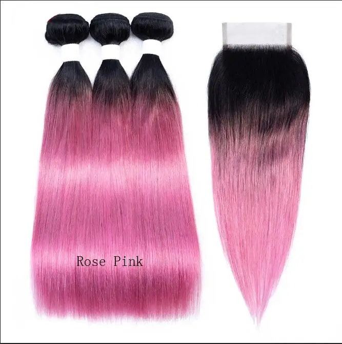 Коллекция BOBBI 2/3 пряди с закрытием Омбре розовый красный перуанские прямые волосы предварительно окрашенные Remy человеческие волосы для наращивания - Цвет: Rose Pink RP