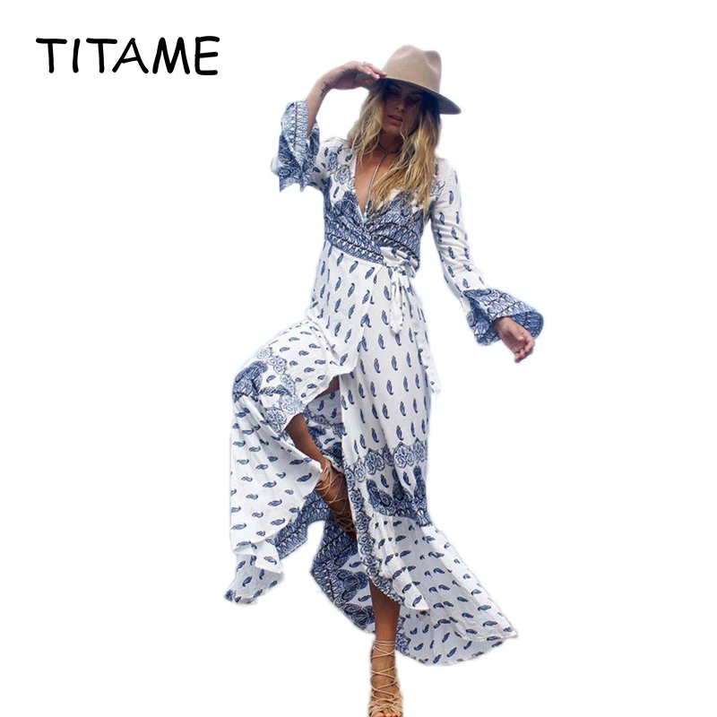 TITAME Женская обувь в богемном стиле Платье с принтом цветочным длинное платье для