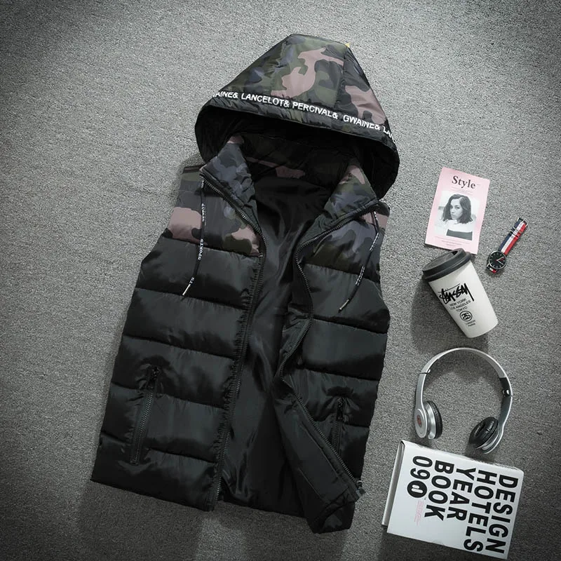 Brown Jacket Зимний хлопковый жилет для мужчин, камуфляж, осень, повседневный мужской классический теплый плотный жилет с капюшоном без рукавов, детский жилет для колледжа - Цвет: Brown Jacket