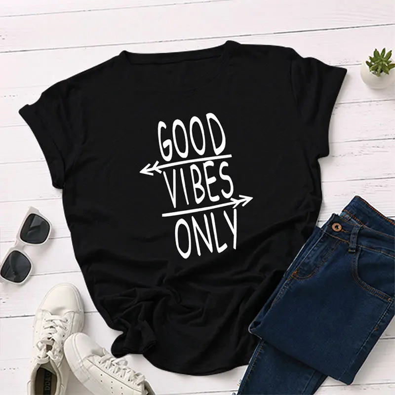 

Женская футболка из 100% чистого хлопка с надписью Good Vibes, женская футболка с коротким рукавом, женские топы, одежда