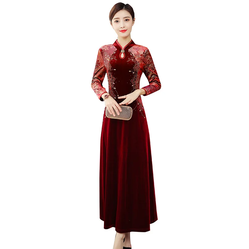 

2020 autumn new fashion slim sexy party wine red cheongsam dress female large size M-3XL noble and elegant banquet vestidos