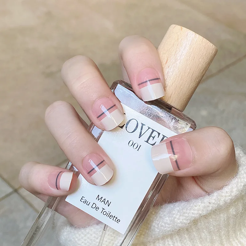 

24PCS French Style Line Nail Patch Sweet Style Glue Type Removable Mid Length Coffin Manicure Nail Art False Nail Patch DW