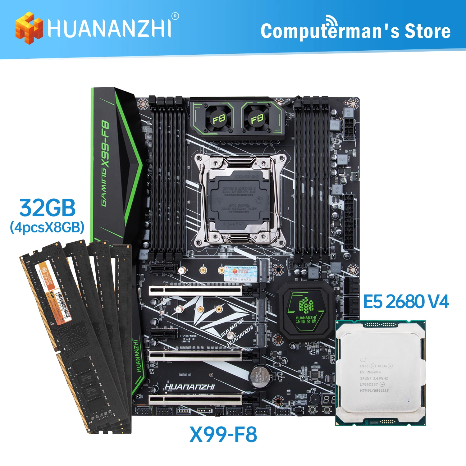 HUANANZHI-Conjunto de placa base X99 F8 X99, CPU Intel XEON E5 2680 V4, Memoria 4x8G DDR4 NON-ECC 2400, Memoria M.2 NVME, USB ATX