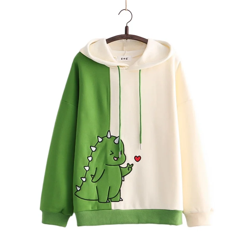 

Dinosaur Embroidery Patchwork Women Cotton Hoodies 2021 Winter Full Sleeve Drawstring Hooded Sweatshirts Female Kawaii Pullover