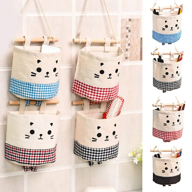 

Настенная подвесная сумка для хранения с рисунком мультяшного кота, Штабелируемая льняная Хлопковая Сумка для спальни с деревянной ручкой ...
