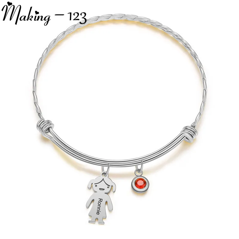 

Customized Family Name Boy Girl Bracelets With Birthstone Steel Adjustable Engrave Bangles Women Men Kids Family Jewelry Gifts