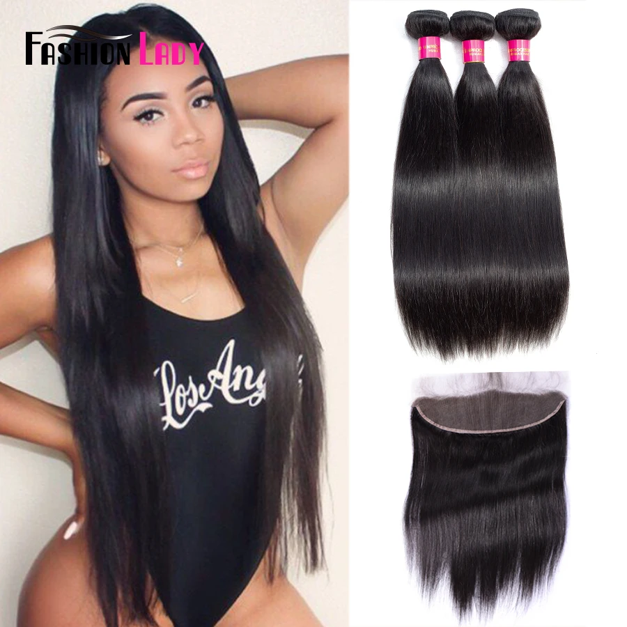 FASHION LADY Pre-Colored Brazilian Straight Hair Bundles With Closure Remy Human Hair Weft 1B With 13x4inch Lace Frontal Closure