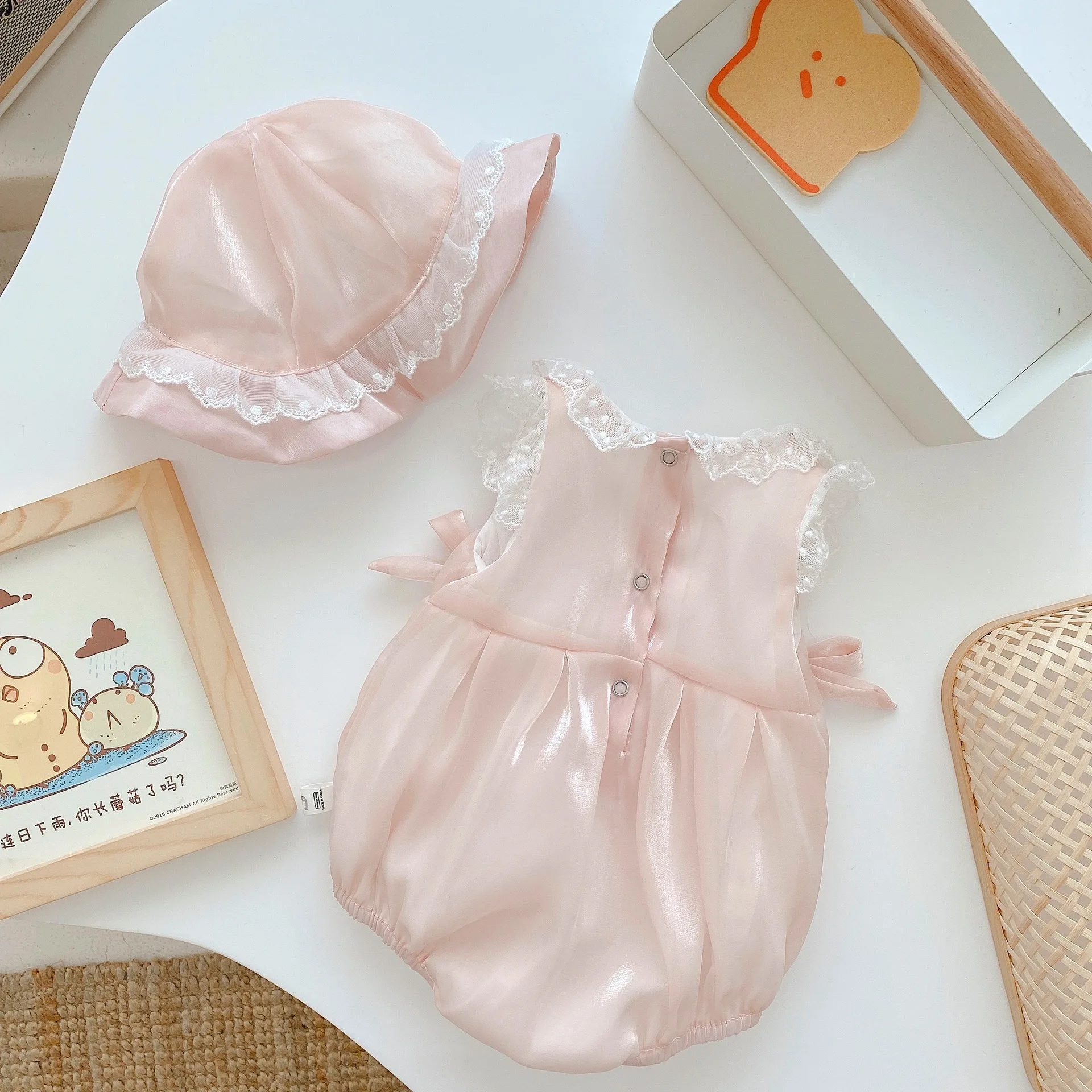 

baby romper solid cotton sleeveless infant clothes pink romper +hat summer lace jumpsuits