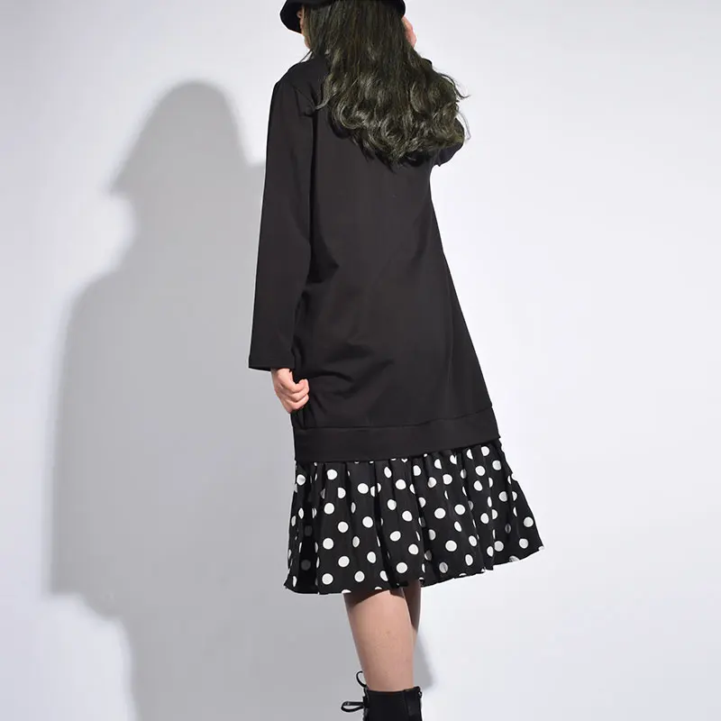 Женское платье в горошек XITAO черно-белое Корейском стиле с оборками длинными