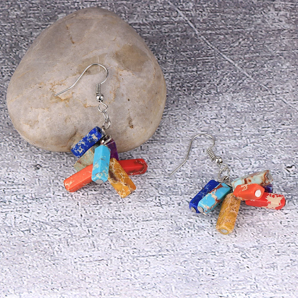 Женские серьги из натурального камня 7 чакр висячие 4x13 мм прямоугольные