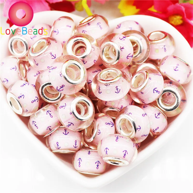 

20pcs Large Hole Pink Color Anchor Resin Round Ball Beads Charms Fit DIY Pandora Bracelet Snake Chain Jewelry for Women Girls
