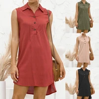 50 hot sales women dress lapel irregular hem summer sleeveless solid color shirt dress for holiday