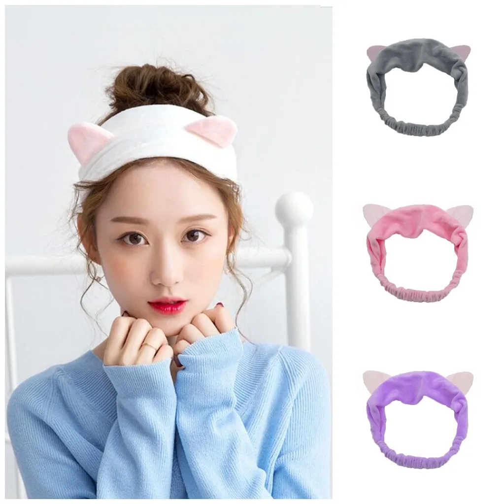 

Bath Photo Prop Hair Accessories Women Girls Cute Coral Fleece Cat Ears Elastic Headbands Soft Comfortable Wash Face Turban Gift