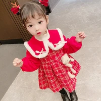 2021newgirl bow child sweet cute a line dress childrens christmas clothes winter thickening festive red dress little bear adorn