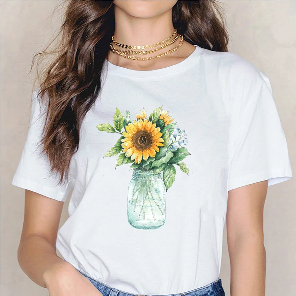 

Harajuku Ulzzang Geometric Sunflower Graphic Print T-shirts Women Summer Tops Casual White Crew-neck T-shirt Women Clothing