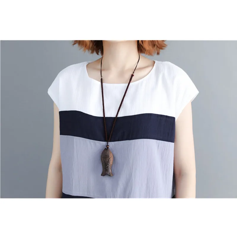 

2020 New Summer dress women Plus size Female Mid-length dresses color stitching O-neck Short sleeve Loose T-shirt vestidos