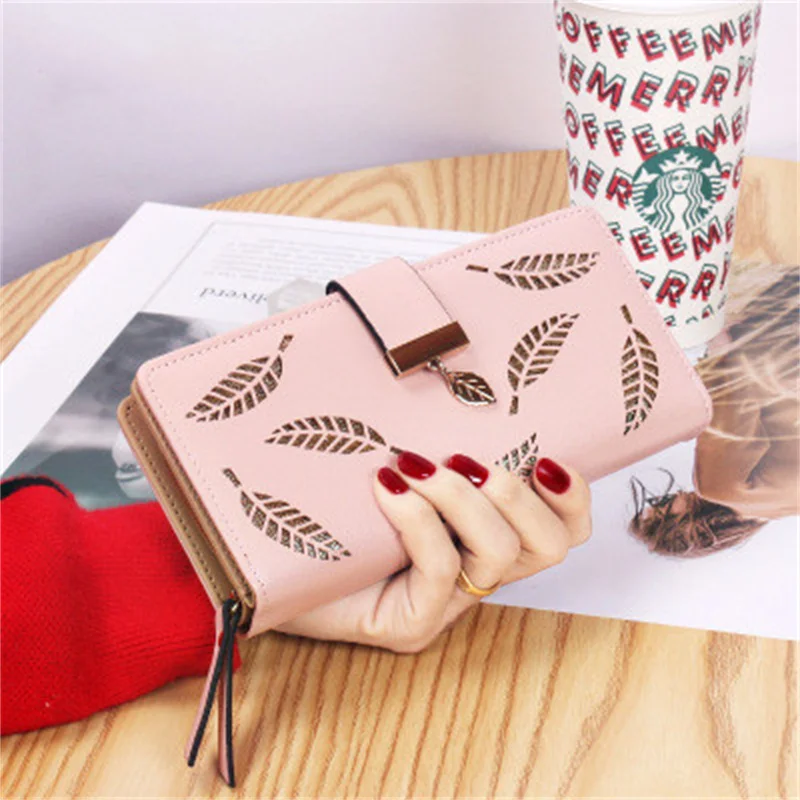 

Women Wallet PU Leather Purse Female Long Wallet Gold Hollow Leaves Phone Pouch Handbag For Women Coin Purse Card Holders Clutch