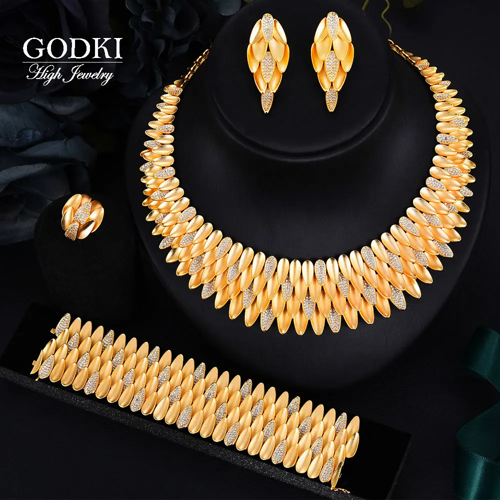 

GODKI большая мода 4 шт роскошный 4 слоя гладкое перо Африканский набор украшений для женщин свадебный Дубай Свадебный комплект ювелирных изде...