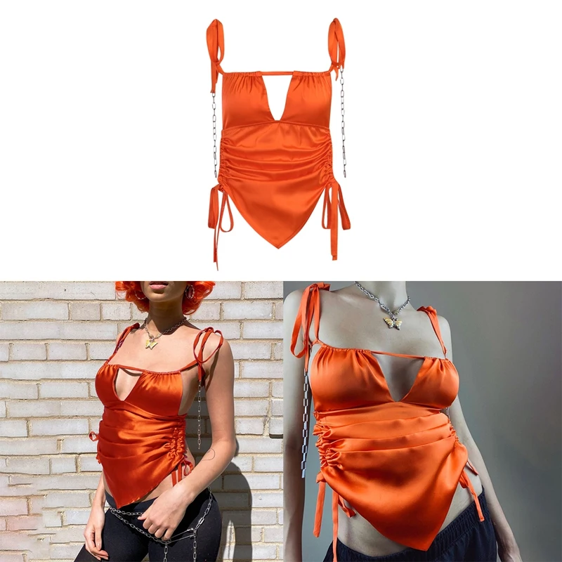 

Women's Camisole Deep V Neck Sexy Halter Pleated Slim Tank Top Orange