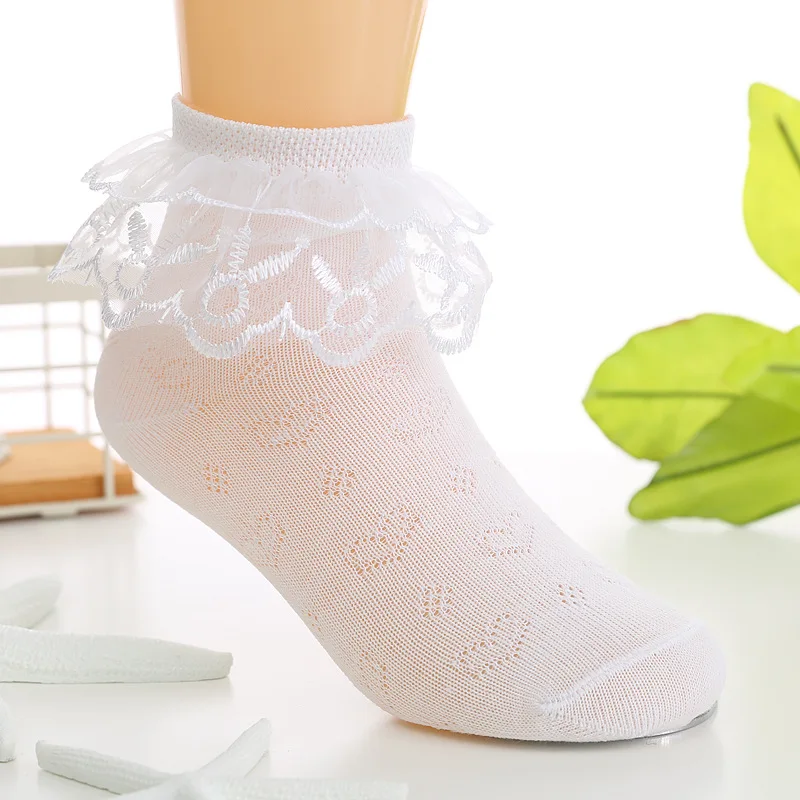 Calcetines tobilleros con volantes de encaje para ni&ntilde;a, medias el&aacute;sticas de algod&oacute;n para beb&eacute;, color blanco, 5 par/lote-3
