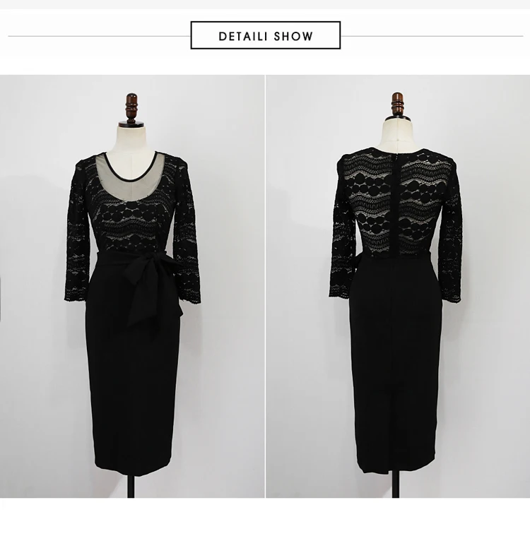 

2020 Korea Slim Knee-Length Black Sexy Vestidos Female Lace Patchwork Bowknot High Waisted Pencil Bodycon Women's Party Dresses
