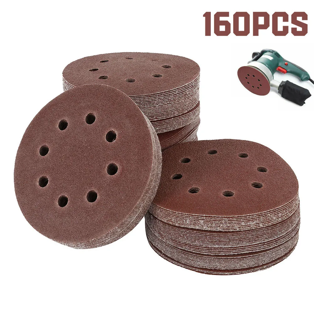 

160 шт., наждачная бумага круглой формы, 125 мм, 5 дюймов, 8 отверстий, диск, наждачные листы, Зернистость 40-1000, зернистая абразивная наждачная бумага