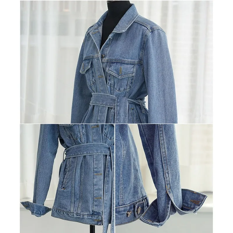 

Denim Jackets Women Lapel Long Sleeve High Waist Lace Up Bandage Female Jeans Jacket Fashion Autumn Vintage Streetwear Coat Hot