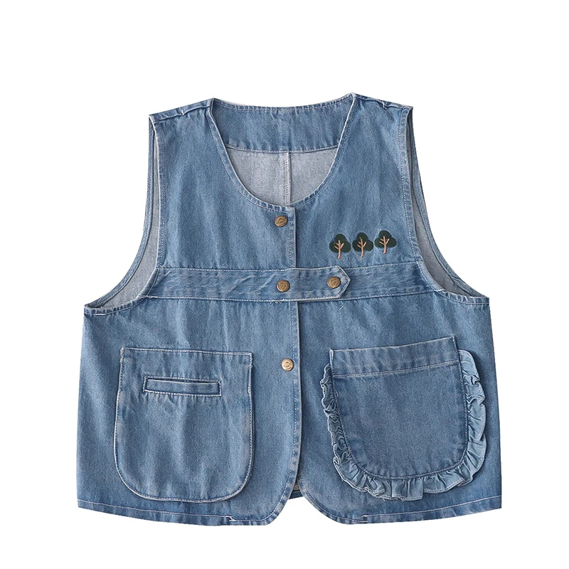 

Autumn New Style Small Tree Embroidery Casual Sleeveless Vest Women's High-quality Denim Vest Jacket Fashion Fold Wear