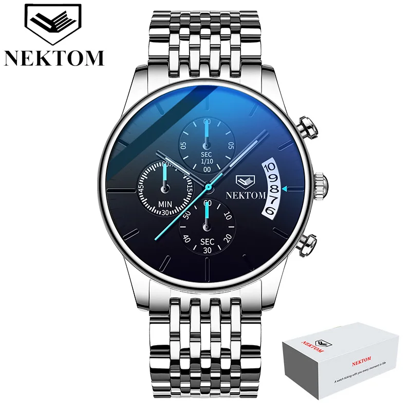 Steel silver box Часы с хронографом, спортивные мужские s часы, лучший бренд, Роскошные водонепроницаемые полностью стальные светящиеся кварцевые часы для мужчин, Relogio Masculino - Color: Steel silver box