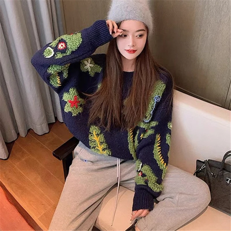 

Autumn/Winter Fashion New Style Round Neck Long Sleeve Loose Fresh Sweet Thick Knitted Sweater Women Trendy H426