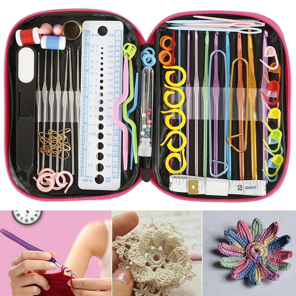 100pcs Aluminium Crochet Hooks Needles Set Weave Craft with Bag Knit Gauge Scissors Stitch Holders DIY Tool | Дом и сад