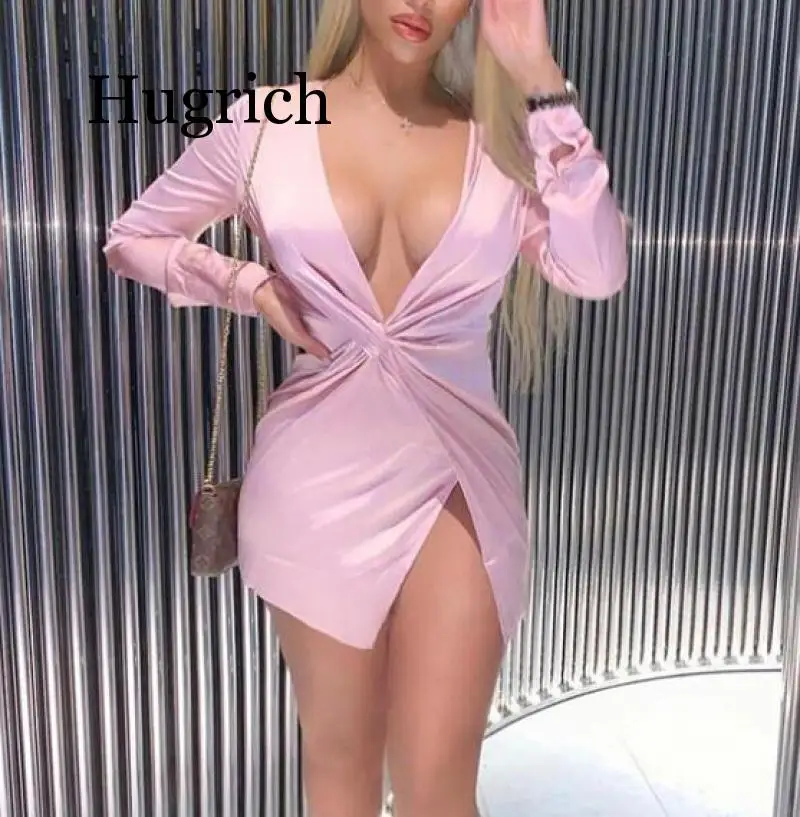

2020 Sexy Women Summer Long Sleeve Deep V Neck Satin Mini Dress Ladies Short Knot Wrap Split Party Dresses laipelar