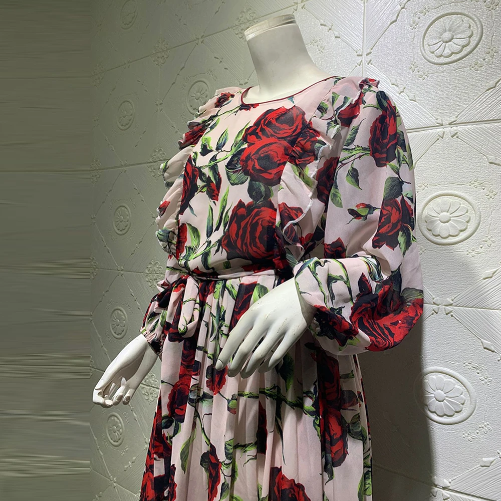 

Ruffled Rose Print Bohemian Muslim Maxi Dress For Women Arabic Robe Dubai Abaya Kaftan Turkey Dresses Islam Clothing Jalabiya