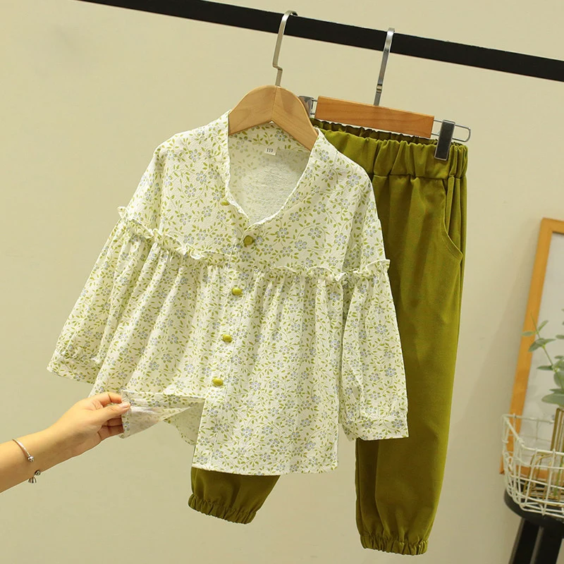

2021 Spring 2Pcs Girls Clothing Sets Floral Tops & Trousers Clothes Suits for Kids Long Sleeve Children Clothing for 3-14 Years
