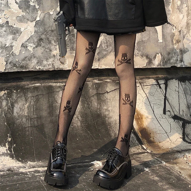 Women's Stay Up Thigh high Stockings Socks Fishnet Mesh Skull Print Punk Stretch