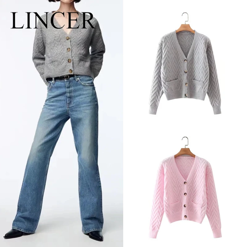 

Women V-Neck Cropped Blouses Single Breasted pocket Top Button Stretch Knit Cardigan Long-Sleeved Sweater Coats Sweet